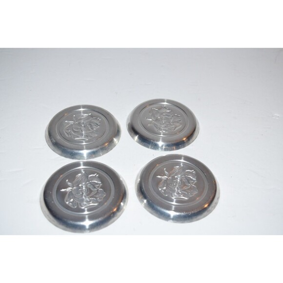 Vtg Pewter Peony Repousse round coaster set Floral 4pc set - Picture 5 of 6